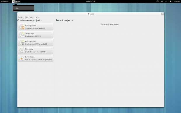 In Brasero fehlt das GMenu noch.